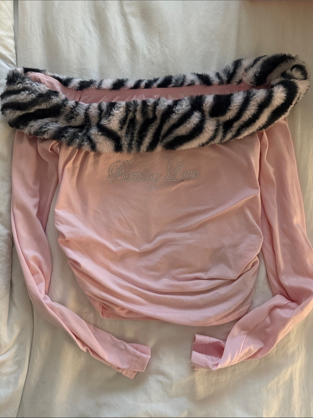 Betsey Johnson Pink Off-Shoulder Top with Zebra Faux Fur Trim